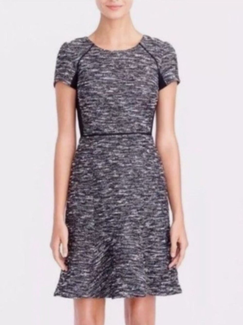 J Crew Black Gray White Mixed Tweed Panel Fit and Flare Flounce Dress Size 8